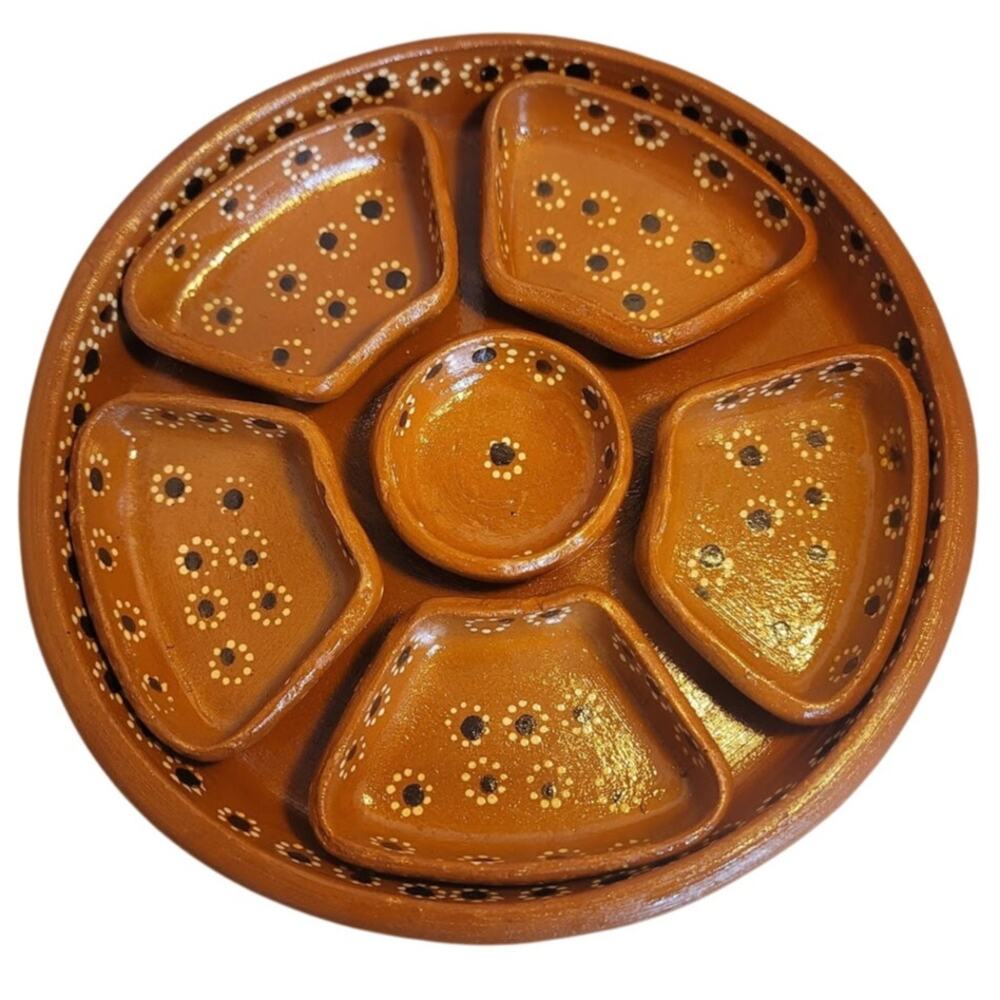 Handmade Hand painted Pottery Serving Platter brown floral divided Salsa 7 Pc.